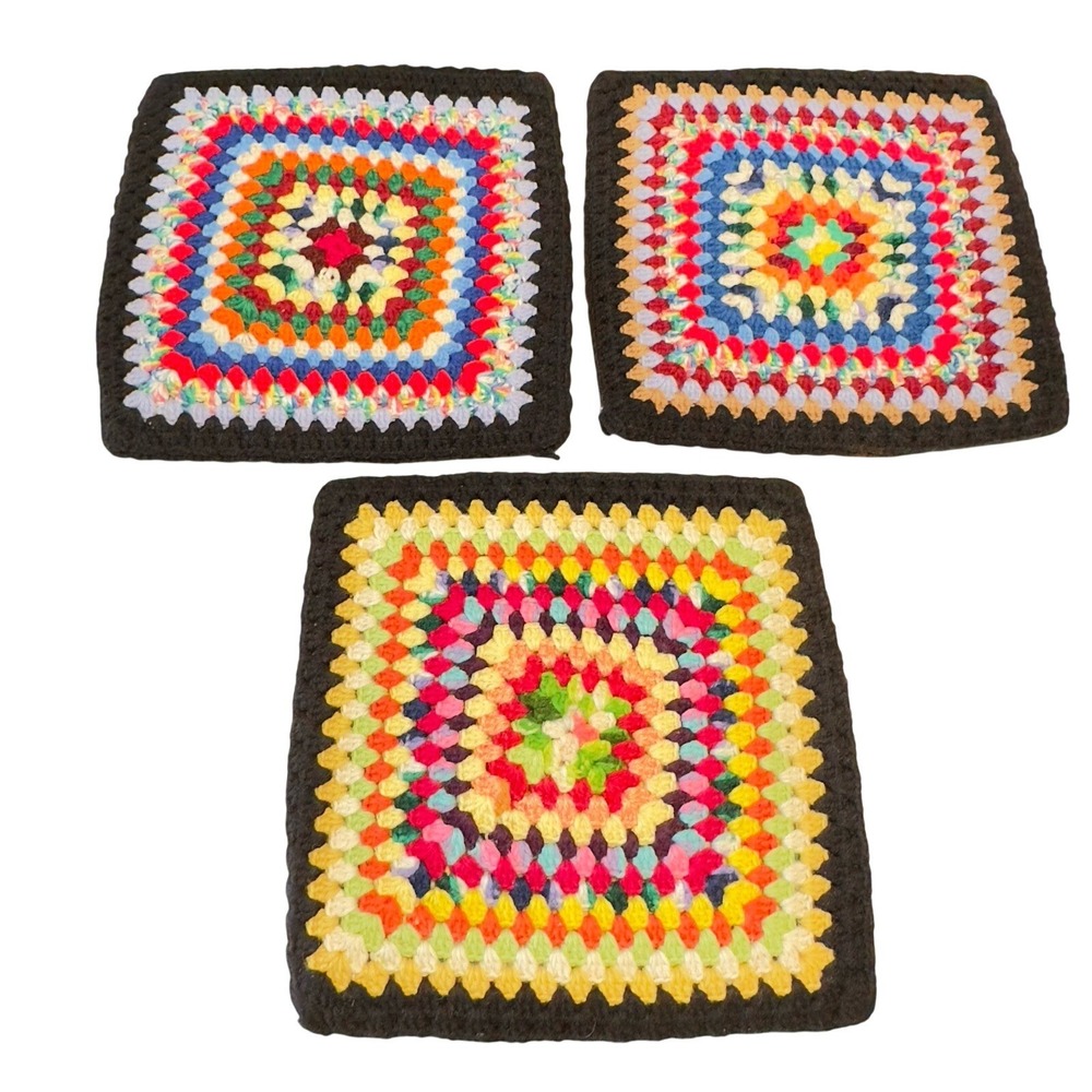 Set 3 Vtg Large Handmade Crochet Hot Pad Trivet Multicolor‎ Thick Double Layers